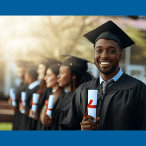 Undergraduates in caps and gowns holding diplomas