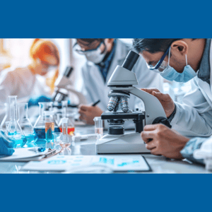 3 researchers in lab coats and googles working on microscopes and lab flasks