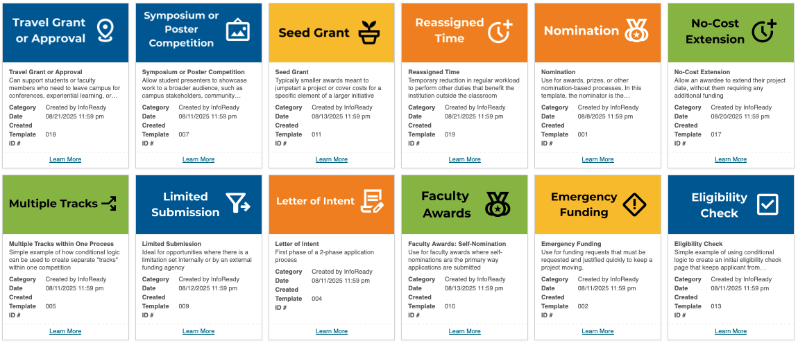 Screenshot of InfoReady Template Tiles