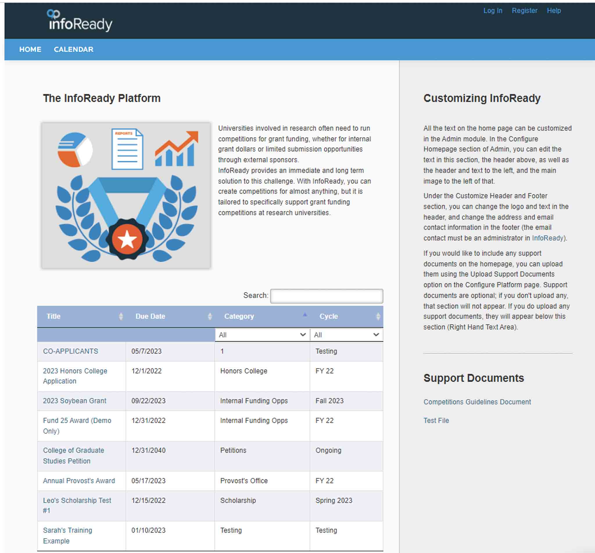 InfoReady home page