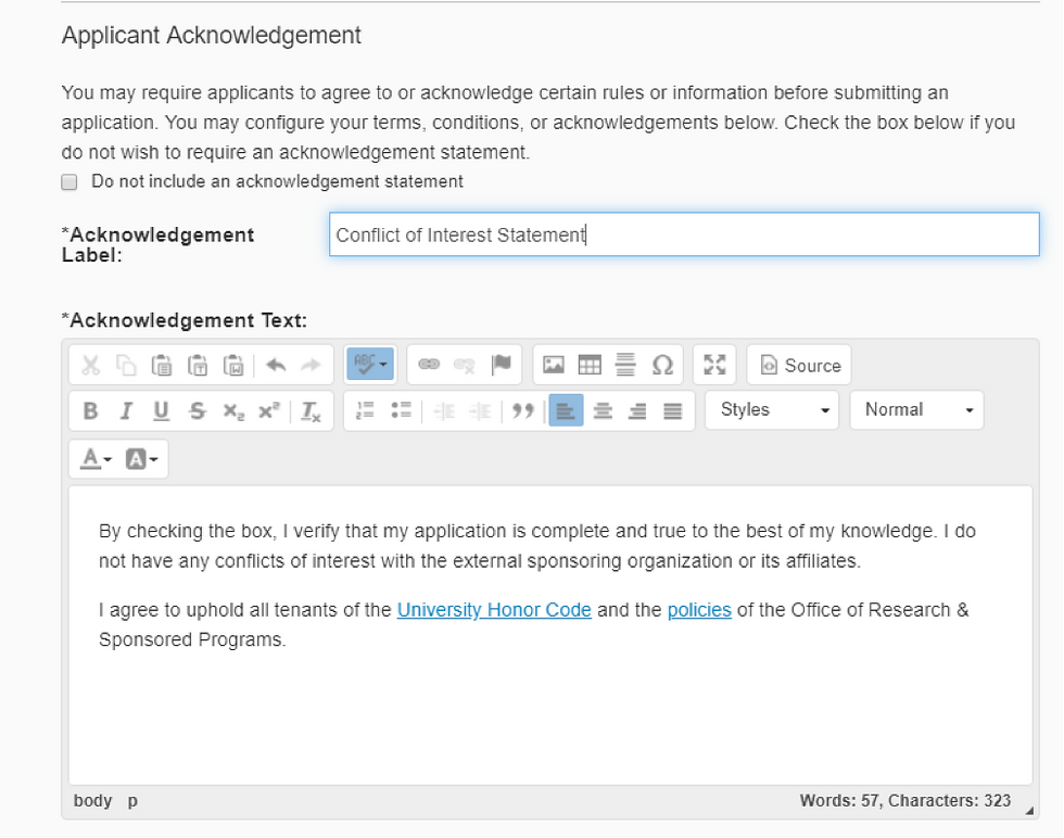 InfoReady screen shot of acknowledgement statement